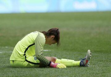 Goalie Hope Solo (USA) of USA reacts during the game.