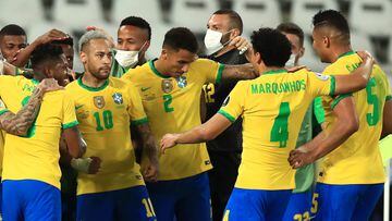 RIO DE JANEIRO, BRAZIL - JULY 05: Neymar Jr. celebrates with teammates after the first goal of his team scored by Lucas Paqueta (not in frame) during a semi-final match of Copa America Brazil 2021 between Brazil and Peru at Estadio Ol&iacute;mpico Nilton 