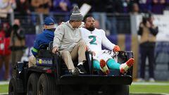 BALTIMORE, MARYLAND - DECEMBER 31: Bradley Chubb #2 of the Miami Dolphins leaves the field with an injury during the second half of the game against the Baltimore Ravens at M&T Bank Stadium on December 31, 2023 in Baltimore, Maryland.   Rob Carr/Getty Images/AFP (Photo by Rob Carr / GETTY IMAGES NORTH AMERICA / Getty Images via AFP)