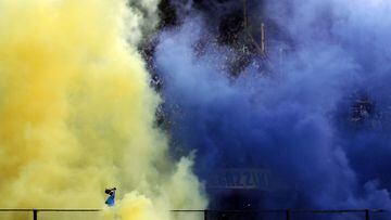 Boca Juniors' supporters cheer for their team before their Argentine Professional Football League Tournament 2022 match against Atletico Tucuman at La Bombonera stadium in Buenos Aires, on August 28, 2022. (Photo by ALEJANDRO PAGNI / AFP)