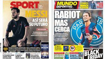 Portadas de los diarios Sport y Mundo Deportivo del d&iacute;a 22 de noviembre de 2018.