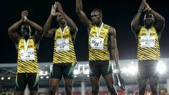 Equipo de 4x100 metros de Jamaica. De izquierda a derecha, Nesta Carter, Kemar Bailey-Cole, Usain Bolt y Nickel Ashmeade. 
