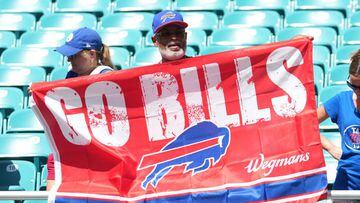 MIAMI GARDENS, FLORIDA - SEPTEMBER 25: Buffalo Bills fans cheer on their team from the stands before the game against the Miami Dolphins at Hard Rock Stadium on September 25, 2022 in Miami Gardens, Florida. (Photo by Eric Espada/Getty Images)