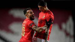 Benfica&#039;s Argentinian defender Nicolas Otamendi celebrates with Benfica&#039;s Uruguayan forward Darwin Nunez (R) after scoring a goal during the Portuguese League football match between SL Benfica and FC Famalicao at the Luz stadium in Lisbon on Feb