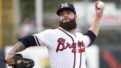 Mississippi Braves pitcher Dallas Keuchel pitches during the first inning against the Double-A Mobile BayBears in Jackson, Miss., Saturday, June 15, 2019. Keuchel, who was recently signed by the Atlanta Braves, and is a 2015 AL Cy Young award winner has a one-year contract for the remainder of the 2019 season. (AP Photo/Rogelio V. Solis)