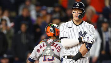 NEW YORK, NEW YORK - OCTOBER 23: Aaron Judge #99 of the New York Yankees reacts after striking out to end the sixth inning against the Houston Astros in game four of the American League Championship Series at Yankee Stadium on October 23, 2022 in the Bronx borough of New York City.   Elsa/Getty Images/AFP