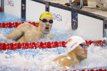 Mack Horton of Australia celebrates after winning while Sun Yang of China (bottom) finishes second in the men's 400m Freestyle final.
