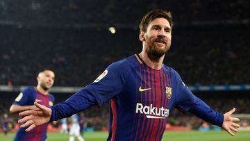 Barcelona&#039;s Argentinian forward Lionel Messi celebrates after scoring a goal during the Spanish &#039;Copa del Rey&#039; (King&#039;s cup) quarter-final second leg football match between FC Barcelona and RCD Espanyol at the Camp Nou stadium in Barcel