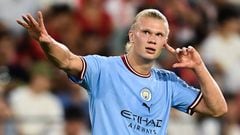 Erling Haaland of Manchester City FC celebrates after scoring his team's first goal during the UEFA Champions League group G match between Sevilla FC and Manchester City at Estadio Ramon Sanchez Pizjuan.