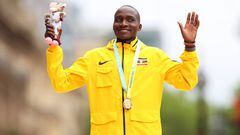 Gold Medalist Victor Kiplangat of Team Uganda celebrates after winning the men's marathon on day two of the Birmingham 2022 Commonwealth Games.