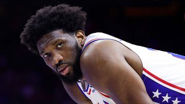 PHILADELPHIA, PENNSYLVANIA - FEBRUARY 15: Joel Embiid #21 of the Philadelphia 76ers looks on during the second quarter against the Cleveland Cavaliers at Wells Fargo Center on February 15, 2023 in Philadelphia, Pennsylvania. NOTE TO USER: User expressly acknowledges and agrees that, by downloading and or using this photograph, User is consenting to the terms and conditions of the Getty Images License Agreement.   Tim Nwachukwu/Getty Images/AFP (Photo by Tim Nwachukwu / GETTY IMAGES NORTH AMERICA / Getty Images via AFP)