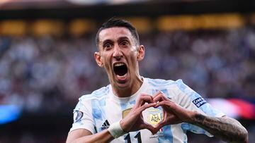 LONDON, ENGLAND - JUNE 01: Angel Di María of Argentina celebrates his goal during the Finalissima Final match between Italy and Argentina at Wembley Stadium on June 1, 2022 in London, England. (Photo by Marcio Machado/Eurasia Sport Images/Getty Images)