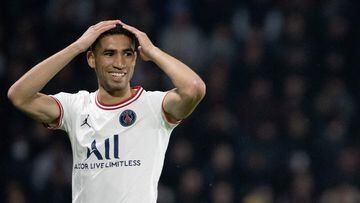 (FILES) In this file photo taken on April 20, 2022 Paris Saint-Germain's Moroccan defender Achraf Hakimi reacts during the French L1 football match between Angers SCO and Paris Saint-Germain at the Raymond-Kopa Stadium in Angers, north-western France. - Paris Saint-Germain's Moroccan defender Achraf Hakimi is charged with rape, prosecutors told AFP on March 3, 2023. (Photo by LOIC VENANCE / AFP)