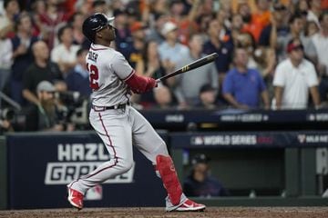 Atlanta Braves' Jorge Soler hits a three-run home run during the third inning in Game 6 of baseball's World Series between the Houston Astros and the Atlanta Braves Tuesday, Nov. 2, 2021, in Houston. (AP Photo/David J. Phillip)