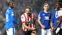 GLASGOW - Armando Obispo of PSV Eindhoven celebrates 2-2 during the UEFA Champions League play-off match between Rangers FC and PSV Eindhoven at the Ibrox Stadium on August 16, 2022 in Glasgow, Scotland. ANP ROBERT PERRY (Photo by ANP via Getty Images)