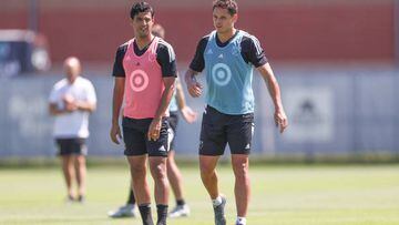 ST PAUL, MN - AUGUST 09: Carlos Vela and Javier Hernandez talk during a training session ahead of the MLS All Stars and Liga MX All Stars game at National Sports Center on August 9, 2022 in St Paul, Minnesota. (Photo by Omar Vega/Getty Images)