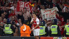 LONDON, ENGLAND - SEPTEMBER 14: Koeln fans guesture towards Alexis Sanchez of Arsenal during the UEFA Europa League group H match between Arsenal FC and 1. FC Koeln at Emirates Stadium on September 14, 2017 in London, United Kingdom. (Photo by Richard Hea