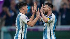 LUSAIL CITY, QATAR - DECEMBER 13: Julian Alvarez of Argentina celebrates with Lionel Messi after scoring his 2nd and team 3rd goal during the FIFA World Cup Qatar 2022 semi final match between Argentina and Croatia at Lusail Stadium on December 13, 2022 in Lusail City, Qatar. (Photo by Sebastian Frej/MB Media/Getty Images)