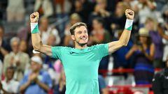 MONTREAL, QUEBEC - AUGUST 13: Pablo Carreno Busta of Spain celebrates his victory against Daniel Evans of Great Britain in the semifinals during Day 8 of the National Bank Open at Stade IGA on August 13, 2022 in Montreal, Canada.   Minas Panagiotakis/Getty Images/AFP
== FOR NEWSPAPERS, INTERNET, TELCOS & TELEVISION USE ONLY ==