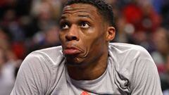 CHICAGO, IL - JANUARY 09: Russell Westbrook #0 of the Oklahoma City Thunder reacts on the bench during a game against the Chicago Bulls at the United Center on January 9, 2017 in Chicago, Illinois. The Thunder defeated the Bulls 109-94. NOTE TO USER: User expressly acknowledges and agrees that, by downloading and/or using this photograph, user is consenting to the terms and conditions of the Getty Images License Agreement.   Jonathan Daniel/Getty Images/AFP == FOR NEWSPAPERS, INTERNET, TELCOS &amp; TELEVISION USE ONLY ==