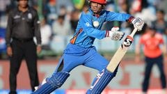 Afghanistan batsman Rashid Khan in action against England in New Delhi today.