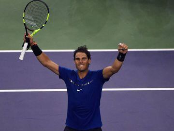 Rafael Nadal of Spain celebrates his victory against Marin Cilic of Croatia during their men&#039;s singles semi-final match at the Shanghai Masters tennis tournament in Shanghai on October 14, 2017.  / AFP PHOTO / CHANDAN KHANNA