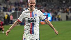 OL Reign's US midfielder #15 Megan Rapinoe celebrates after winning the National Women's Soccer League semifinal match against the San Diego Wave at Snapdragon Stadium in San Diego, California, on November 5, 2023. (Photo by Robyn Beck / AFP)