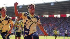 Rodrigo Moreno, jugador del Leeds United, celebra uno de los goles anotados ante el Southampton en Premier League.