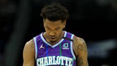 CHARLOTTE, NORTH CAROLINA - FEBRUARY 22: Malik Monk #1 of the Charlotte Hornets reacts after a play against the Brooklyn Nets] during their game at Spectrum Center on February 22, 2020 in Charlotte, North Carolina. NOTE TO USER: User expressly acknowledge