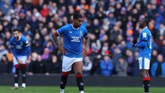 GLASGOW, SCOTLAND - JANUARY 02: Alfredo Morelos of Rangers is seen after his poor pass leads to Celtic's opening goal during the Cinch Scottish Premiership match between Rangers FC and Celtic FC at  on January 02, 2023 in Glasgow, Scotland. (Photo by Ian MacNicol/Getty Images)