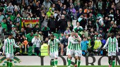 Real Betis American midfielder #04 Johnny Cardoso (C) celebrates scoring his team's third goal during the Spanish league football match between Real Betis and Athletic Club Bilbao at the Benito Villamarin stadium in Seville on February 25, 2024. (Photo by CRISTINA QUICLER / AFP)