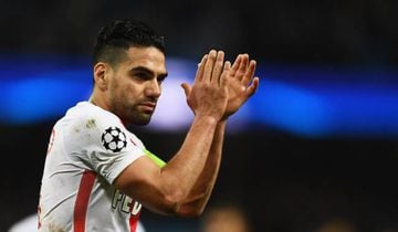 Radamel Falcao Garcia of AS Monaco applauds the crowd after the UEFA Champions League Round of 16 first leg match between Manchester City FC and AS Monaco at Etihad Stadium on February 21, 2017 in Manchester, United Kingdom.