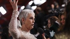 Jamie Lee Curtis gestures on the champagne-colored red carpet during the Oscars arrivals at the 95th Academy Awards in Hollywood, Los Angeles, California, U.S., March 12, 2023. REUTERS/Mario Anzuoni