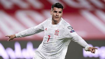 GRANADA, SPAIN - MARCH 25: Alvaro Morata of Spain celebrates after scoring his team&#039;s first goal during the FIFA World Cup 2022 Qatar qualifying match between Spain and Greece at Estadio Nuevo Los Carmenes on March 25, 2021 in Granada, Spain. (Photo 