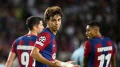 Barcelona's Portuguese forward #14 Joao Felix celebrates after scoring his team's fifth goal during the UEFA Champions League 1st round day 1 Group H football match between FC Barcelona and Royal Antwerp FC at the Estadi Olimpic Lluis Companys in Barcelona on September 19, 2023. (Photo by Josep LAGO / AFP)