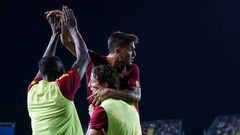 Paulo Dybala of AS Roma celebrates with Edoardo Bove of AS Roma after Tammy Abraham of AS Roma scored second goal during the Serie A match between Empoli FC and AS Roma at Stadio Carlo Castellani, Empoli, Italy on 12 September 2022. (Photo by Giuseppe Maffia/NurPhoto via Getty Images)
