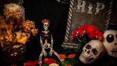 A living room is seen fully decorated with Halloween decorations, before the Day of the Death celebration.