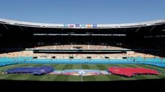SEVILLE, SPAIN - JUNE 23: A general view inside the stadium as large replica shirts of both side&#039;s are seen prior to the UEFA Euro 2020 Championship Group E match between Slovakia and Spain at Estadio La Cartuja on June 23, 2021 in Seville, Spain. (P