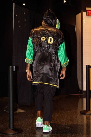 Celtics guard Marcus Smart rocks DPOY robe to signify his newly-won award ahead of game two vs the Brooklyn Nets in the first round of the playoff series.