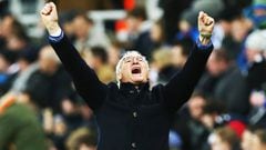 Leicester City  manager Claudio Ranieri celebrates his team&#039;s third goal in the match between Newcastle and Leicester City.