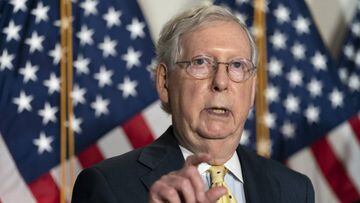 Senate Majority Leader Mitch McConnell of Ky., speaks after meeting with Senate Republicans, Wednesday, Sept. 9, 2020, on Capitol Hill in Washington. (AP Photo/Jacquelyn Martin)