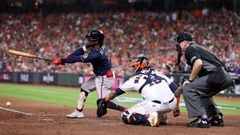 HOUSTON, TEXAS - OCTOBER 26: Ozzie Albies #1 of the Atlanta Braves hits a single against the Houston Astros during the fourth inning in Game One of the World Series at Minute Maid Park on October 26, 2021 in Houston, Texas.   Carmen Mandato/Getty Images/A