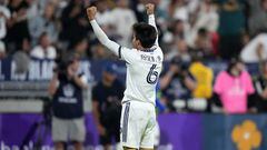 Jul 4, 2023; Los Angeles, California, USA; LA Galaxy midfielder Riqui Puig (6) celebrates after scoring a goal against the LAFC in the second half at the Rose Bowl. Mandatory Credit: Kirby Lee-USA TODAY Sports