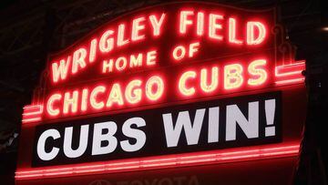 The marquee above Wrigley Field shines after the Chicago Cubs beat the Cleveland Indians 3-2 during Game Five of the 2016 World Series on October 30, 2016 in Chicago, Illinois.  