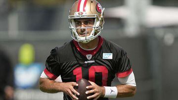 Jimmy Garoppolo #10 of the San Francisco 49ers works out during training camp at SAP Performance Facility on July 28, 2021 in Santa Clara, California.   
