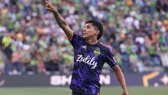 Seattle Sounders&#039; forward Raul Ruidiaz celebrates after scoring during the 2021 Leagues Cup quarterfinals football match between Seattle Sounders and Tigres UANL at Lumen Field in Seattle, Washington on August 10, 2021. (Photo by Jason Redmond / AFP)