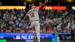 Oct 9, 2023; Los Angeles, California, USA; Arizona Diamondbacks left fielder Lourdes Gurriel Jr. (12) reacts after hitting a home run against the Los Angeles Dodgers during the sixth inning for game two of the NLDS for the 2023 MLB playoffs at Dodger Stadium. Mandatory Credit: Jayne Kamin-Oncea-USA TODAY Sports