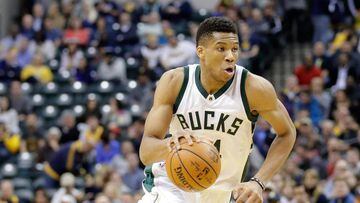 INDIANAPOLIS, IN - APRIL 06: Giannis Antetokounmpo #34 of the Milwaukee Bucks dribbles the ball against the Indiana Pacers at Bankers Life Fieldhouse on April 6, 2017 in Indianapolis, Indiana. NOTE TO USER: User expressly acknowledges and agrees that, by downloading and or using this photograph, User is consenting to the terms and conditions of the Getty Images License Agreement   Andy Lyons/Getty Images/AFP == FOR NEWSPAPERS, INTERNET, TELCOS &amp; TELEVISION USE ONLY ==