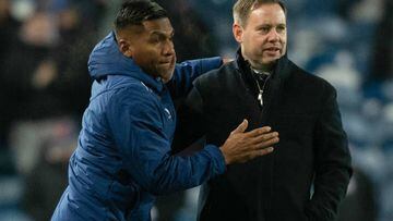 GLASGOW, SCOTLAND - DECEMBER 15: Rangers manager Michael Beale and Alfredo Morelos at full time during a cinch Premiership match between Rangers and Hibernian at Ibrox Stadium, on December 15, 2022, in Glasgow, Scotland.  (Photo by Craig Foy/SNS Group via Getty Images)