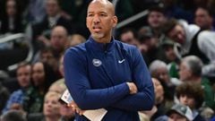 Detroit Pistons head coach Monty Williams looks on the in the second quarter against the Milwaukee Bucks.